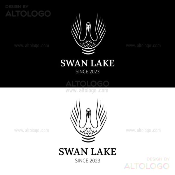 Swan lake spreading wings on water grey goose logo design