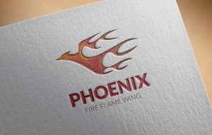 Flying phoenix with fire flame wing logo design