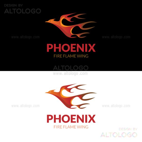 Flying phoenix with fire flame wing logo design